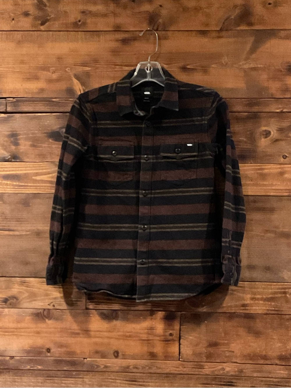 Boys VANS Long-Sleeve Striped Button-Up Striped Shirt - Black & Brown